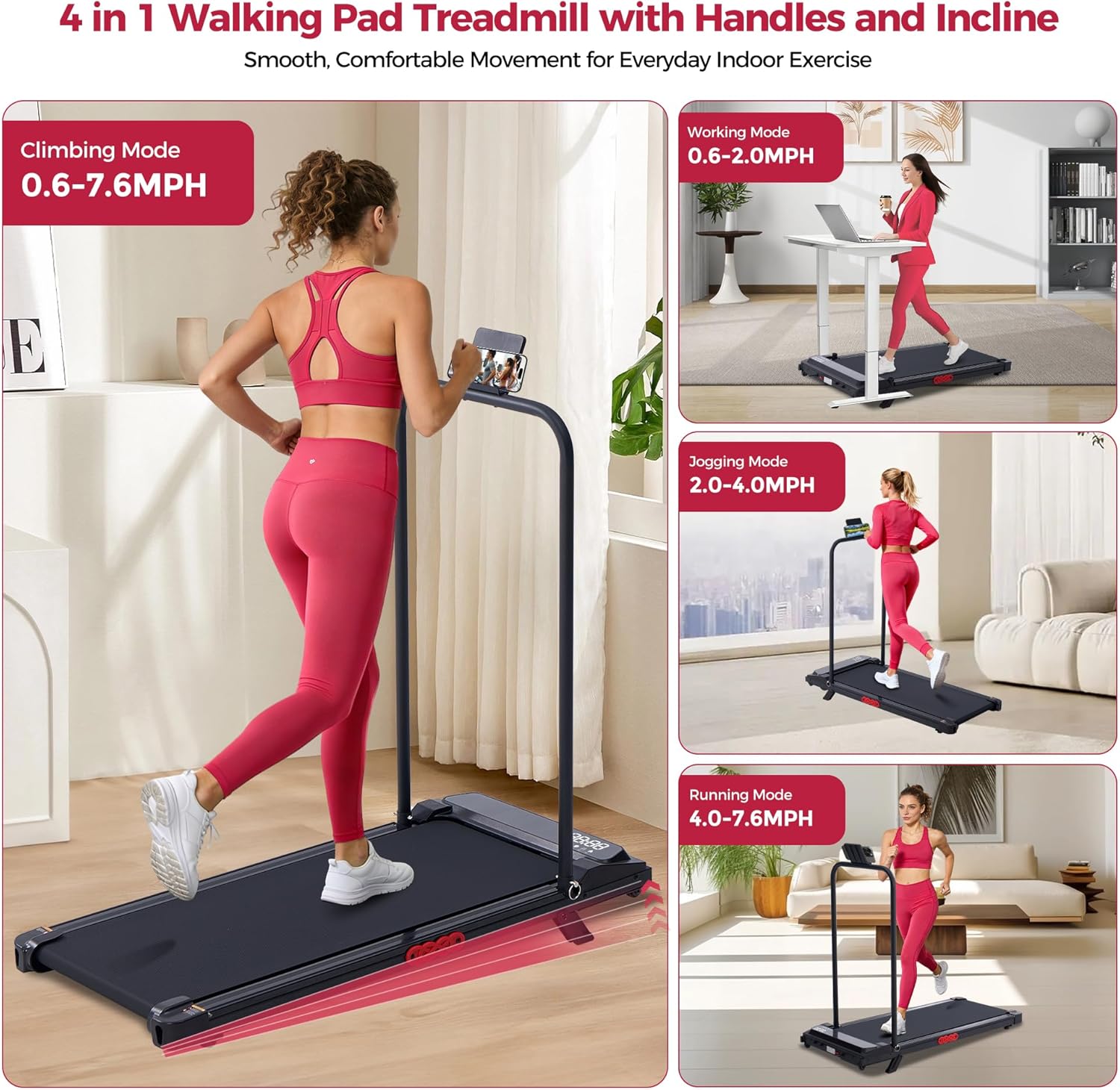 Walking Pad with Handle Bar and Incline, 3.0HP Under Desk Treadmill for Home Small Space, 0.6-7.6MPH Portable Walking Pad Treadmill with Handles, 350LBS, 2026 Upgrade